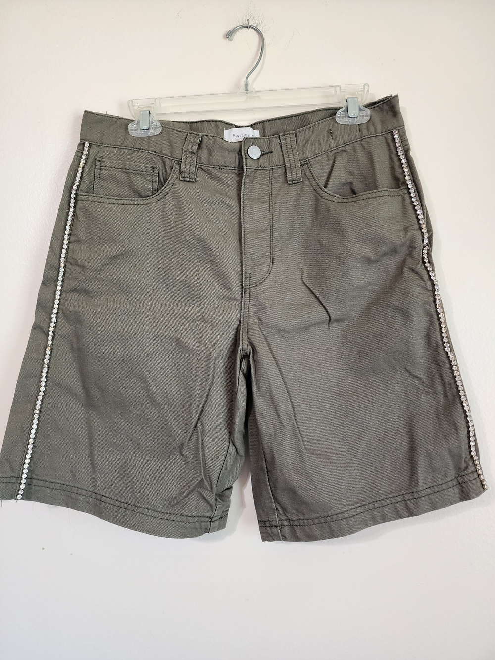 Women's Olive Green Shorts with Side Rhinestone Trim